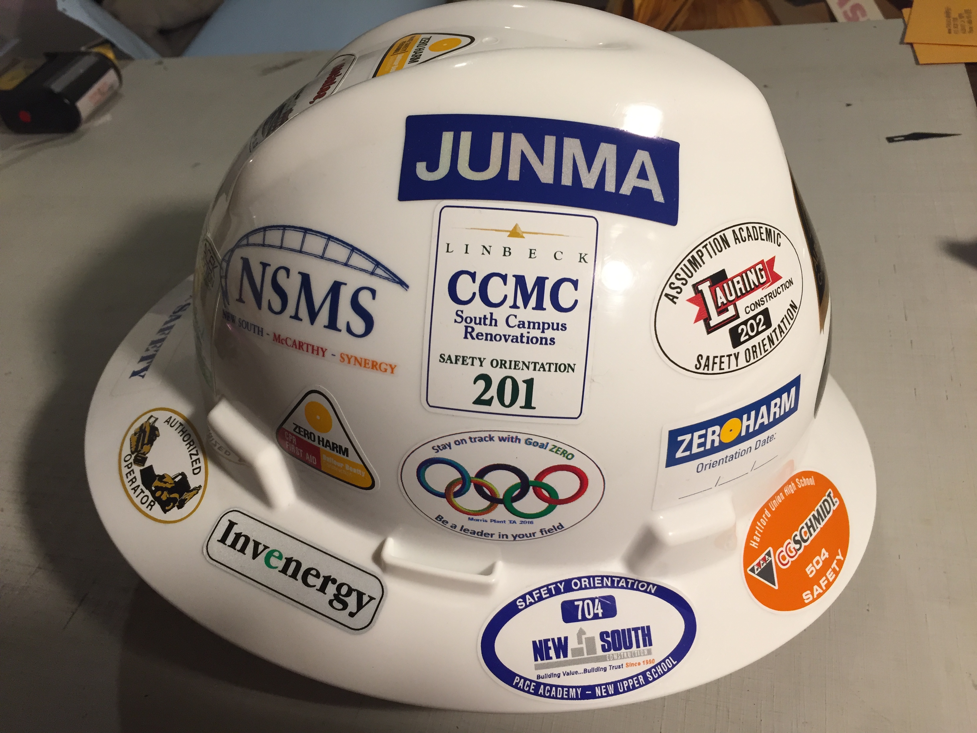 hardhat with safety stickers